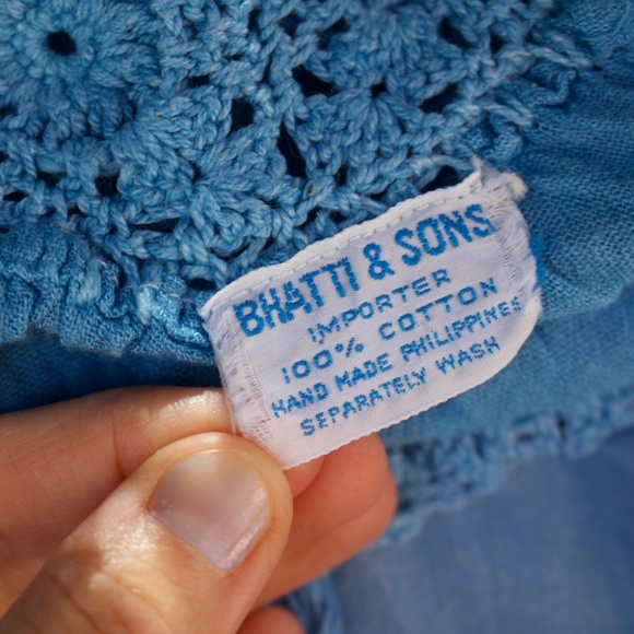 Vintage 70's Boho Handmade 100% Cotton Knit/Crochet Blue Midi Tiered Dress - Picture 14 of 17